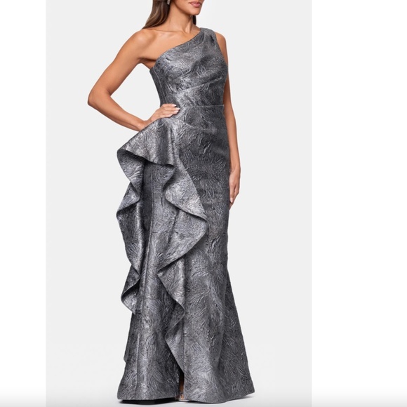 NEW XSCAPE Gunmetal Gray METALLIC RUFFLE One Shoulder JACQUARD Mermaid GOWN 12 - Picture 6 of 9